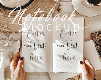 Mockup de diário de capa dura aberta | Mockup de diário aberto para caderno | Mockup de diário com capa dura | Mockup de diário Boho | Objetos inteligentes PSD e PNG | 328