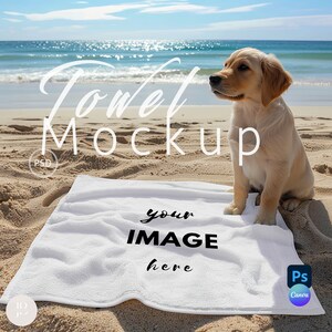 Mockups de toalhas de praia no Photoshop, mockups de toalhas com cachorro, mockups de cobertores, PSD de objetos inteligentes, mockups Canva com arrastar e soltar PNG | 189