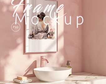 Vertical Frame Bathroom Mockup DIN A,Pink Luxury Frame Photoshop|Wall Frame With Reflection PSD Wall Art|Photopea file with Smart Object|90