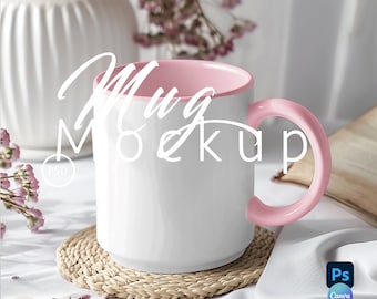 Pink Mug Mockup, 11 Oz Mug Pink Handle, Cup Coffee Mock up Photoshop, Printify Mug, Mockup Canva Drag and Drop PNG , Mockup PSD| 229