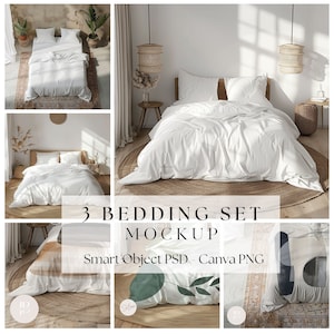 May include: Three bedding set mockups featuring a white duvet cover with two white pillowcases, a white duvet cover with two white pillowcases on a bed with a wooden headboard, and a white duvet cover with a green and white floral pattern on a bed with a wooden headboard.