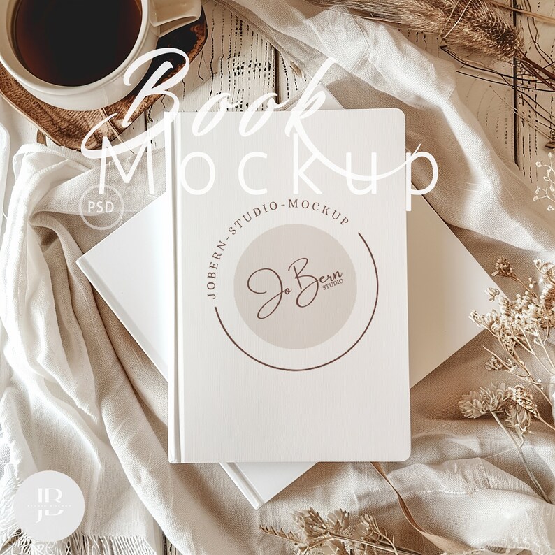 May include: White book mockup with a beige background. The book cover has a brown circle with the text "Jo Bern Studio" in a script font. The text "Joben Studio - Mockup" is written vertically on the book cover.
