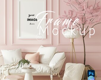 Retro Pink Vertical Frame Mockup,Interior Living Room,White Frames Mock up Canva, Wall Decor Mockup,Poster Mockup,Frame Mockup Psd|19