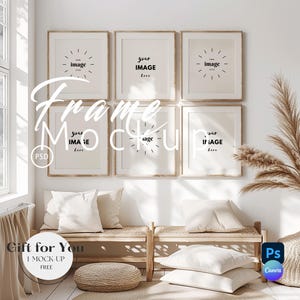 May include: A mockup featuring six framed prints with the text "your image here" displayed on a white wall. The frames have a light wood finish. The scene includes a bench with pillows, a woven ottoman, and the text "Frame Mockup".