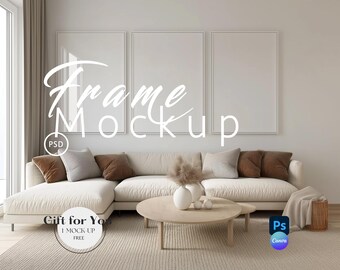 May include: A mockup of three white picture frames hanging on a white wall above a white sectional sofa with brown throw pillows. The sofa is in a living room with a rug and a coffee table. The text "Frame Mockup" is written in white on the wall.