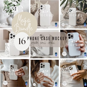 May include: A collection of white phone case mockups. The image features a "Mega Bundle" of 16 phone case mockups, with the text "PHONE CASE MOCKUP PSD JPG PNG". The cases are displayed in various settings, some held by hands, others on surfaces.