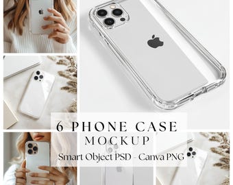 Bundle 6 Clear Phone Case Mockup|Phone Canva Drag and Drop| IPhone 15 Transparent Case Mock Up|Phone Cover Photoshop Mockup Smart Object|681