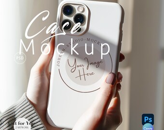 May include: White phone case mockup with a circle that says "Your Image Here" in brown text. The case is being held by a hand wearing a brown sweater.