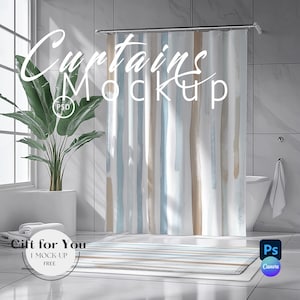 Shower Curtain & Mat Mockup, Bathroom Carpet and Curtain Mockups,Photoshop Mock up,Drag and Drop Mockup PNG, Canva, Curtains Mockup PSD |545