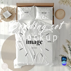 May include: White bedding set mockup with a white wooden bed frame, two white pillows, and a white duvet cover. The bedding is on a white wooden floor with a round woven rug and two woven baskets. The text "YOUR IMAGE HERE" is on the pillows and duvet cover.
