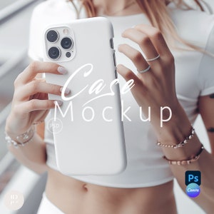 May include: A white phone case mockup held in hands. The case has a smooth finish and a camera cutout. The text "Case Mockup" is written on the case. The image also includes the logos for PSD and Canva.