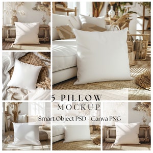 Lot de 5 maquettes d'oreillers, maquette d'oreiller PNG par glisser-déposer sur toile Boho Photoshop, maquette de coussins imprimables, objet intelligent PSD | 244