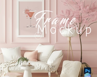 Retro Pink Vertical Frame Mockup,Interior Living Room,White Frames Mock up Canva, Wall Decor Mockup,Poster Mockup,Frame Mockup Psd|19