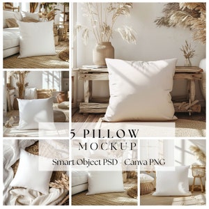 Lot de maquettes d'oreillers, maquette d'oreiller bohème Photoshop, impression de maquette de coussins PSD d'objets intelligents, maquette sur toile par glisser-déposer PNG | 244