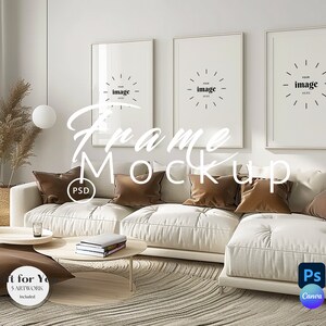 Set of 3 Frame Mockup Living Room,Gallery Wall Set Three Frame Mock up,Vertical Set Frames,Mockup Canva PNG,Poster Mockup Photoshop Psd|335