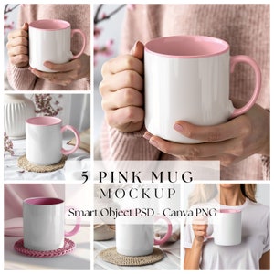 Maqueta de taza rosa, taza de 11 oz con asa rosa, maqueta de taza de café para Photoshop, maqueta de taza para Printify, maqueta de Canva con arrastrar y soltar PNG, maqueta de PSD/242