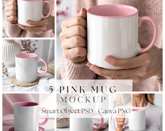 Pink Mug Mockup Bundle, 11 Oz Mug Pink Handle, Cup Coffee Mock up Photoshop, Printify Mug, Mockup Canva Drag and Drop PNG , Mockup PSD| 242