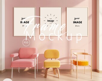 May include: Three framed posters with the text "your image here" on a pink wall with two chairs, one pink and one yellow.