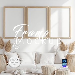 Set of 3 Frame Mockup Living Room| Gallery Wall Set Three Frame Mock up|Vertical Set Frames Poster|Mockup Canva PNG|Mockup Photoshop PSD|750