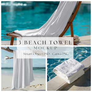 May include: Three white beach towels, one draped over a wooden chair by a pool, one hanging on a branch over a sandy beach, and one folded on the edge of a pool.