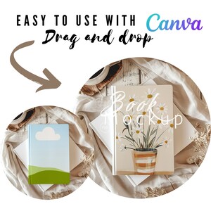 May include: A book mockup with a white background and a floral design on the cover. The book is lying on a white surface with a brown wooden background. The text "Book Mockup" is written on the cover.