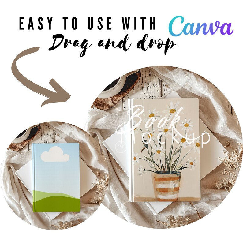 May include: A book mockup with a white background and a floral design on the cover. The book is lying on a white surface with a brown wooden background. The text "Book Mockup" is written on the cover.