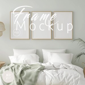 Three Frame Mockup Bedroom, Vertical Set Frames Mockup Canva PNG,Gallery Wall Decor Mockup,Green Poster Mockup Photoshop, Digital Psd|110