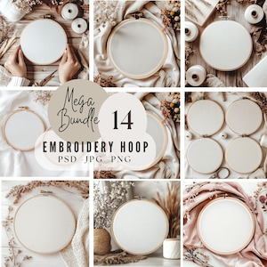 Pode incluir: Uma coleção de 14 bastidores de bordado com tecido branco esticado sobre molduras de madeira. A imagem inclui o texto "Mega Bundle" e "Embroidery Hoop PSD - JPG - PNG". Os bastidores são dispostos com vários materiais de artesanato.