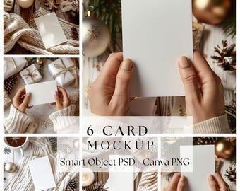 May include: A collage of six images showcasing blank white cards in various holiday-themed settings. The cards are held by hands or placed near festive decorations like ornaments, pine cones, and candles. Text on the image reads "6 CARD MOCKUP Smart Object PSD - Canva PNG."