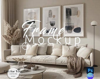 May include: A mockup of three framed abstract paintings with a beige background. The paintings are in a living room setting with a white couch, a coffee table, and a floor lamp.