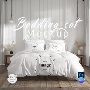 May include: A white bedding set mockup with two pillowcases and a duvet cover, displayed on a bed. The text "Bedding set Mockup" is at the top. The words "Your image here" are on the duvet cover. The image includes the text "Gift for You 2 Artwork Included".