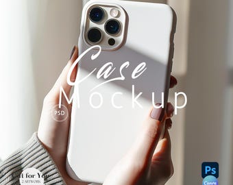 May include: White phone case mockup with a camera lens cutout. The case is being held by a hand. The text "Case Mockup" is written on the case.