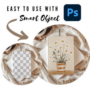 May include: Two white notebooks with a checkered pattern and a floral design on a white and brown fabric background. The notebook with the floral design has a vase of white daisies with a striped orange and brown pot. The text "Easy to use with Smart Object" is on the top left corner of the image. The text "Ps" is on the top right corner of the image.