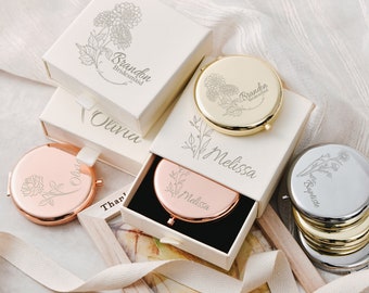 Floral Engraved Compact Mirror, Bridesmaid Gifts for Women, Personalized Laser Engraved Makeup Mirror, Pocket Bridal Party Favors