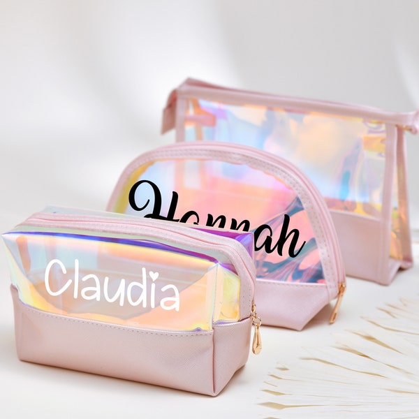 Holographic Party Makeup Bag, Personalized Bridal Squad Accessories, Customizable Makeup Travel Set, Stylish Party Favors