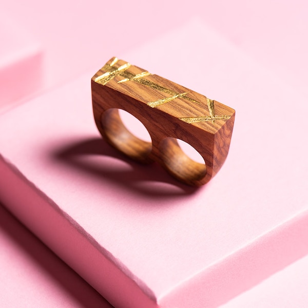 Two-finger ring made of olive wood and gold, unisex ring, birthday gift, stylish two-finger ring, unique ring