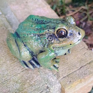 May include: A detailed, green frog figurine with black stripes and a textured surface. The frog is perched on a weathered, light-brown brick. The figurine has detailed eyes and a realistic appearance, suitable for garden decor or a collector's item.