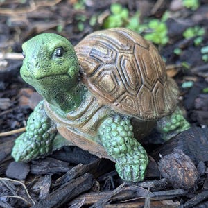 May include: A small green and brown turtle figurine with a detailed shell. The turtle is made of a textured material and has a realistic appearance.