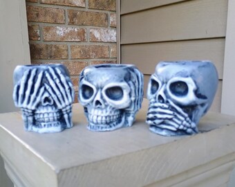 Set of 3 Concrete Skull Succulent Pots Cement Skeleton Candle Holders Trinket Dish Halloween Spooky Tabletop Tier Tray Decor Hear No Evil