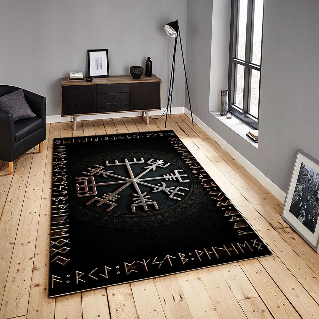 Norse Rug Vegvisir Shield Rug, Norse Mythology Rug, Viking Compass Carpet, Viking ...