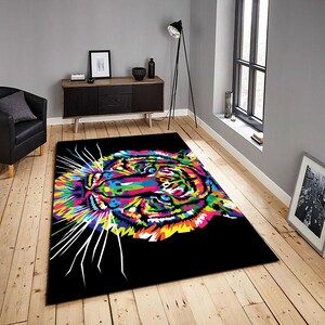 Tiger Rug, Animal Rug, Bengal Tiger, Decorative Rug, Bold Decor, Maximalist Decor, Colorful Washable Rug Flamboyant Home Decor, Living Room,