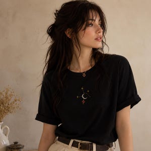 Moon Constellation Embroidered Shirt, Celestial Minimalist T-Shirt, Gothic Dark Academia Tee, Moon & Stars Embroidery, Gift for Her.
