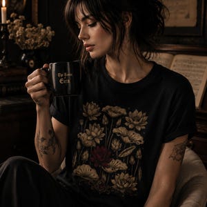 Archive Flora No. IX Crimson Lotus T-Shirt | Victorian Botanical Shirt | Dark Academia Gothic Tee | Vintage Floral Graphic.