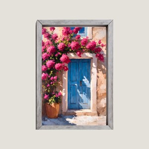 Spring House with Blue Door and Pink Flowers Bougainvillea in the Mediterranean