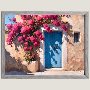 Dom śródziemnomorski, grafika: niebieskie drzwi, różowa bugenwilla (pobieranie cyfrowe PNG)