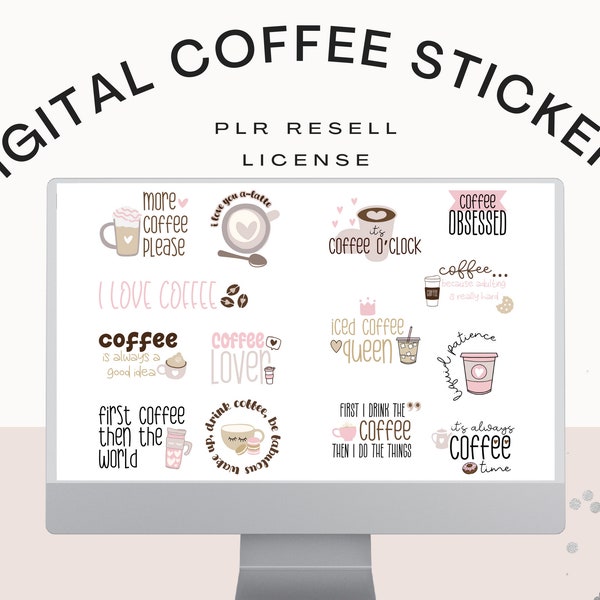 Cute Coffee Digital Stickers, PLR Resell License, Digital Planner Stickers, PNG Editable Digital Stickers,  Digital Goodnotes PNGs