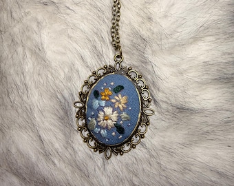 Hand-Embroidered Floral Pendant Necklace, Vintage Botanical, Cottagecore Boho necklace, Victorian hand made necklace