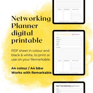 May include: A digital printable networking planner in black and white or color. The planner includes sections for month, theme, promote, ask for, project, 60 seconds, thank you, recommendations, and actions & follow ups. The planner is designed for use with the Remarkable tablet.