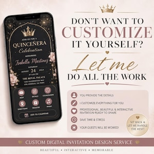 May include: A smartphone displaying a digital Quinceañera invitation with a black background, gold crown, and floral accents. The screen features interactive icons for RSVP, details, countdown, directions, registry, music, and an add to calendar button.