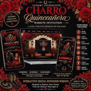 May include: A digital Charro Quinceañera website invitation featuring a black background with red roses, gold accents, and text including Luxury Interactive Charro Quinceañera Website Invitation, Edgar & Areli, and Sofia Romero on mobile and laptop screens.